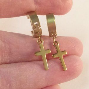 Mens Gold Stainless Steel Cross Hoop Earrings